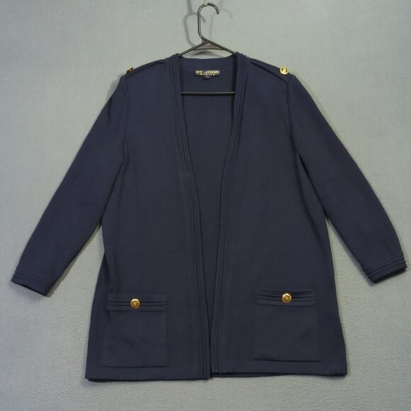 St. John Cardigan Women's L Blue Santana Knit Nautical Golden Buttons Epaulettes - Picture 2 of 13